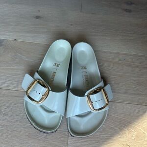 Madrid Big Buckle Birkenstock White Sandals with Gold Buckle
